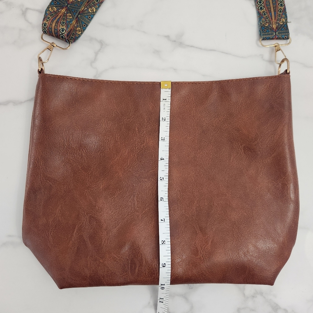Unisex Dark Brown Tote Bag With Patterned Boho Strap - Picture 9 of 13